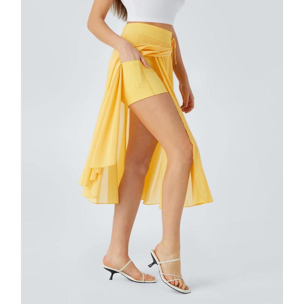 NWT Halara High Waisted Drawstring 2-in-1 Pocket Flowy Midi Skirt Popcorn S - Picture 8 of 12